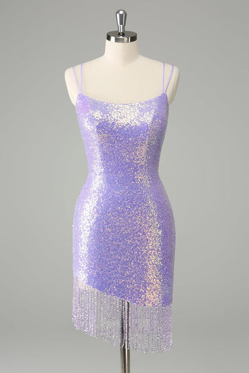Vestido de cóctel de lentejuelas lila brillante con borlas
